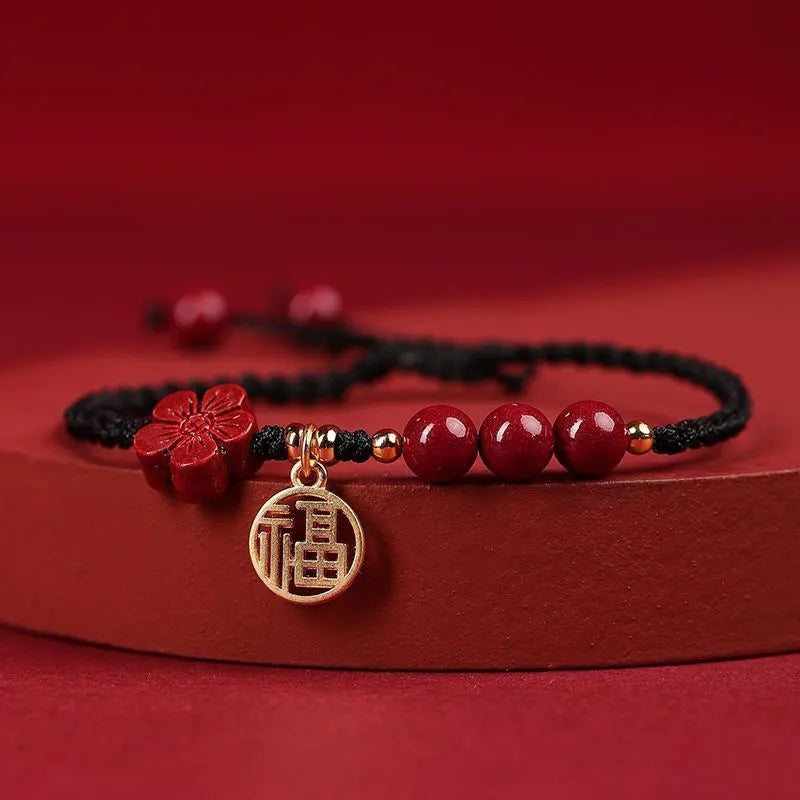 Cinnabar ethnic bracelet with braided rope strap and blessing charm for college entrance exams