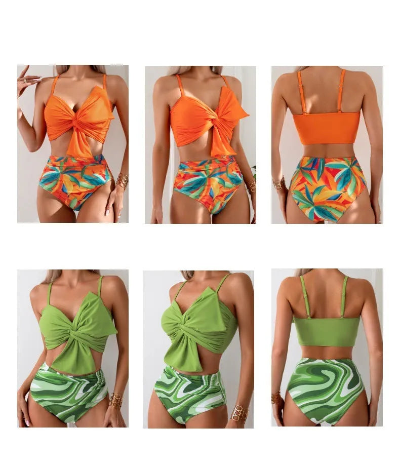 Women's big bow print bikini and swim trunks set in nylon fabric showing colour options