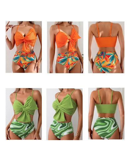Women's big bow print bikini and swim trunks set in nylon fabric showing colour options