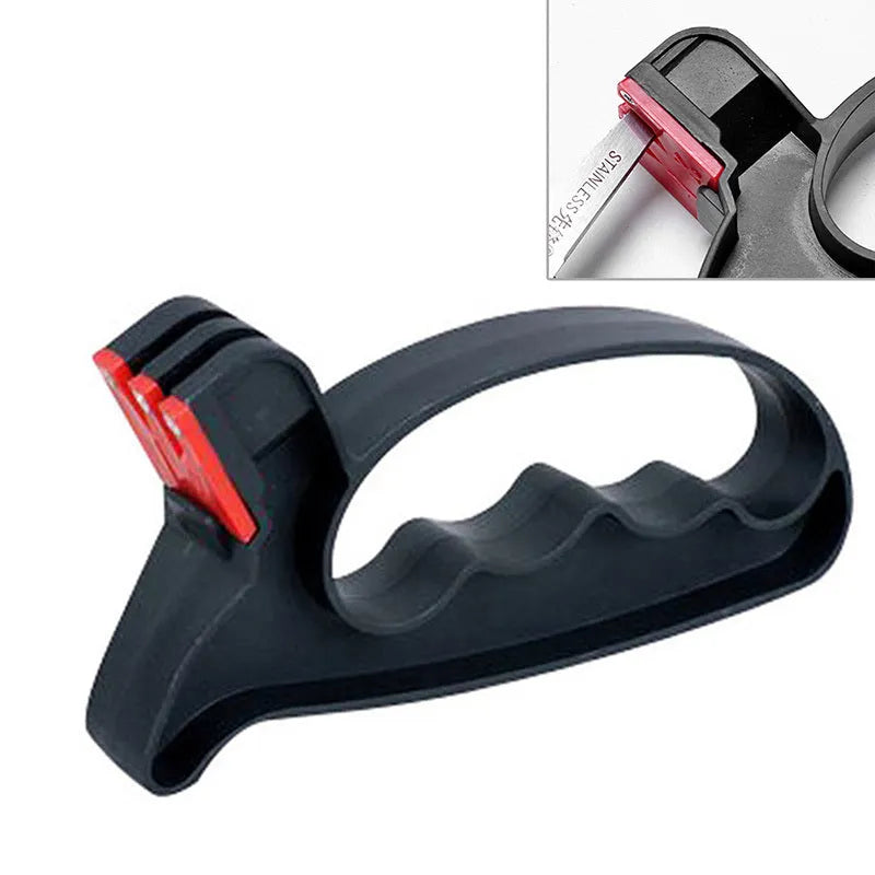 Black handheld knife and scissor sharpener tool with tungsten steel blade measuring 140mm