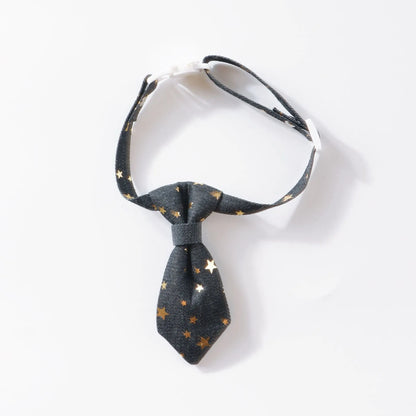 Designer dog collar with long tie and golden star, adjustable S 14-20cm or M 19-32cm, black or blue
