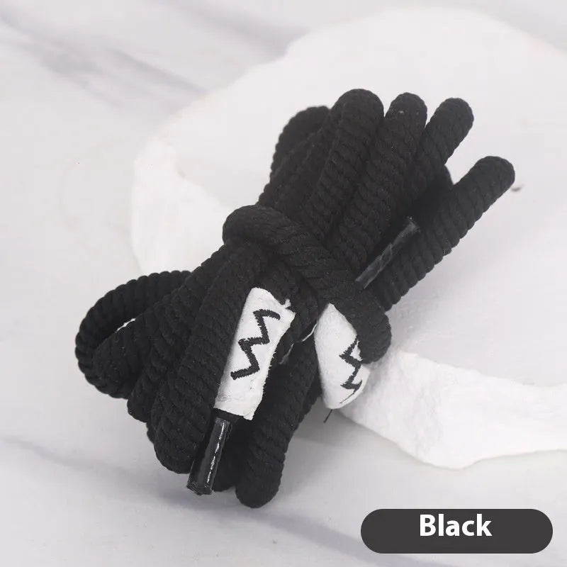Round braided cotton shoelaces in multiple colours showing width and length options on a white background.