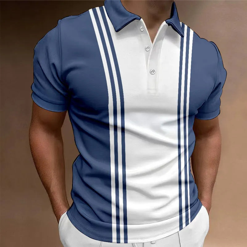 Men's loose fit casual t-shirt with a 3-button printed lapel and short sleeves in blue.