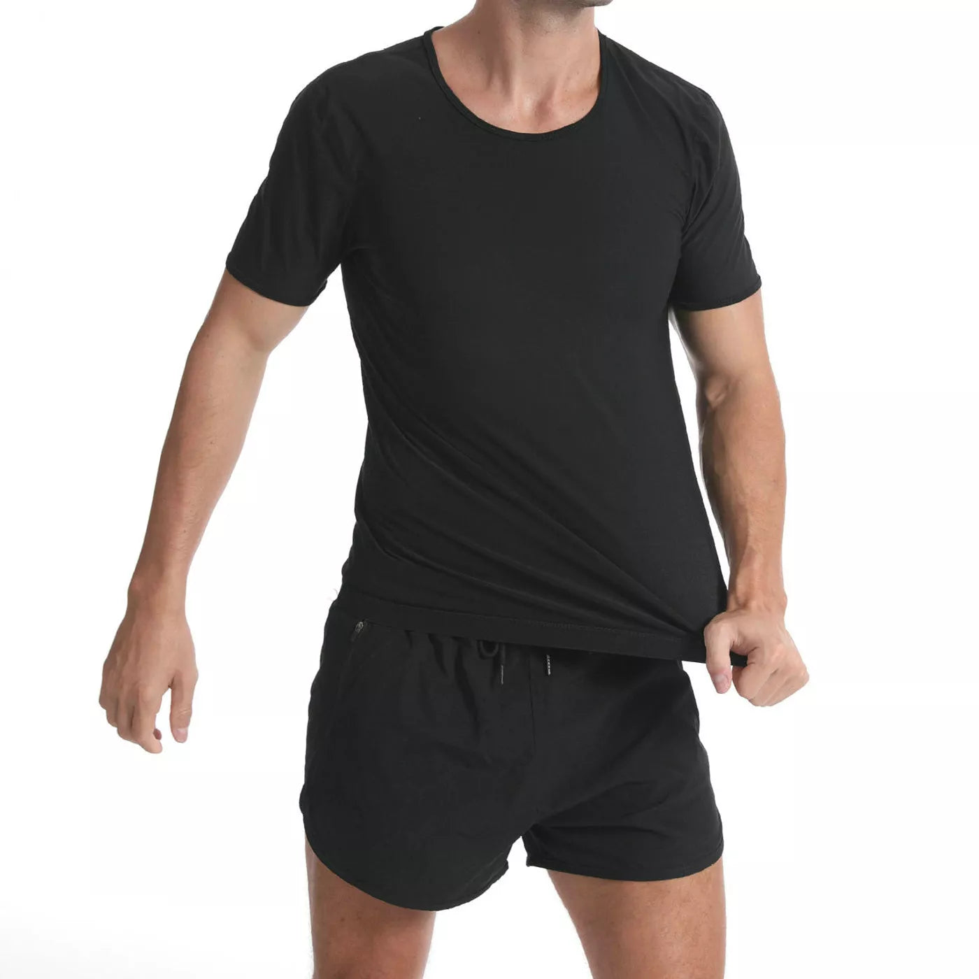 Men's solid black short sleeve sweatshirt, lightweight and comfortable for everyday wear