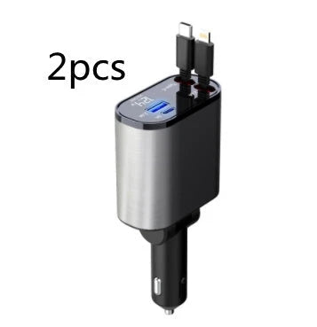A sleek, metal 100W car charger with USB and Type-C ports for fast charging on the go