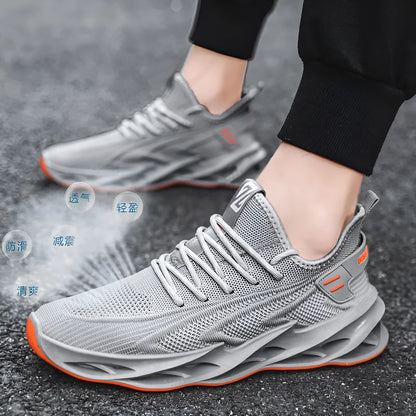 Men's summer mesh running casual shoes with front tie, flat heel, EVA insole and injection sole, in black, blue or grey
