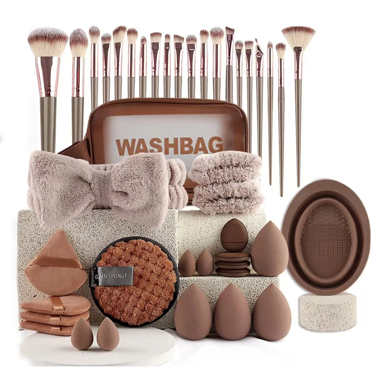 Hydrophilic non-latex beauty tools makeup brush set in pink, brown, or purple colour options