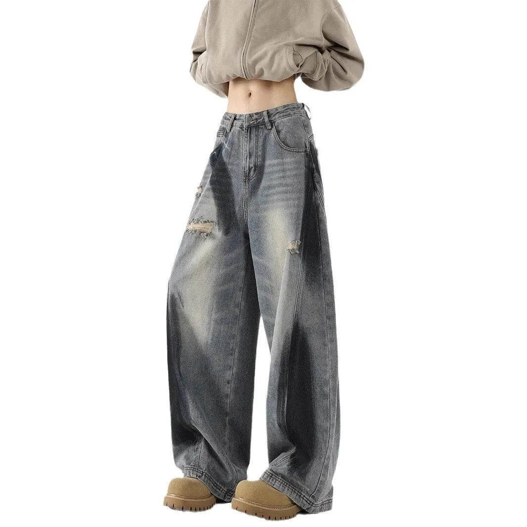 Men's blue American-style ripped jeans with splash-ink pattern and micro elastic cotton fabric