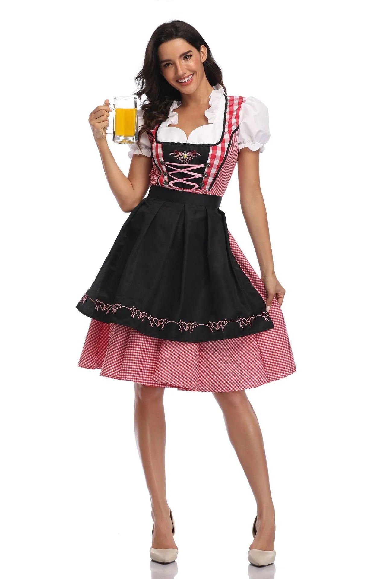 Authentic Oktoberfest dirndl dress with apron and ribbon in red denim, featuring traditional Bavarian-inspired design and comfortable polyester fabric