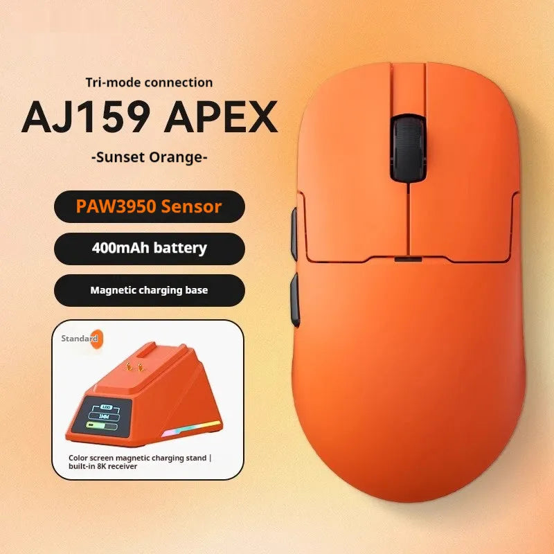 AJ159 gaming mouse in various colours showing its compact shape and Teflon foot pads.