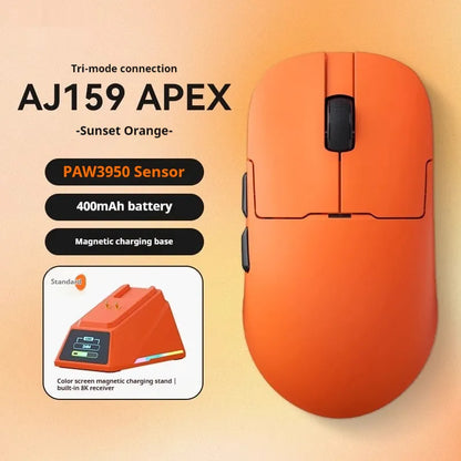 AJ159 gaming mouse in various colours showing its compact shape and Teflon foot pads.