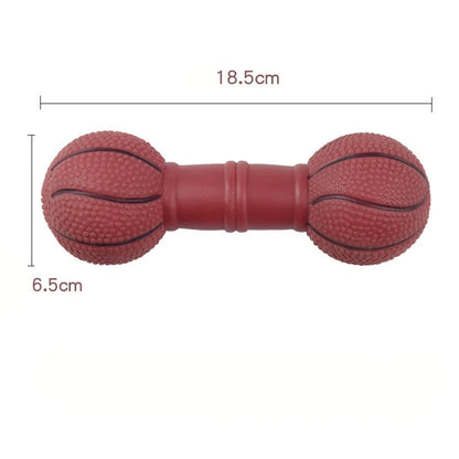Brown, orange, white, and yellow PVC football dumbbell squeaky dog chew toy.
