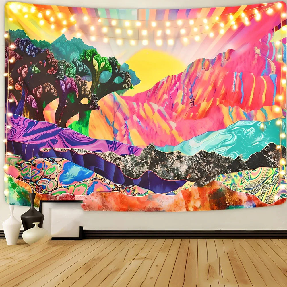 Bohemian psychedelic sunset pattern tapestry in polyester fibre with machine-woven construction