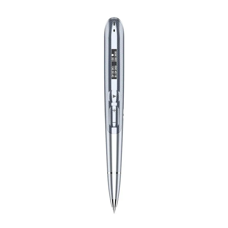 Black digital recording pen with OLED display screen showing recording time, next to included headphones and USB cable.