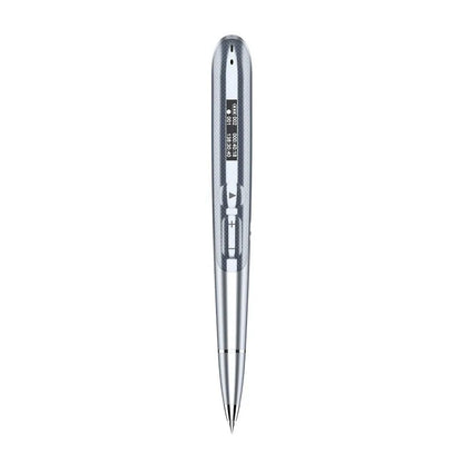 Black digital recording pen with OLED display screen showing recording time, next to included headphones and USB cable.