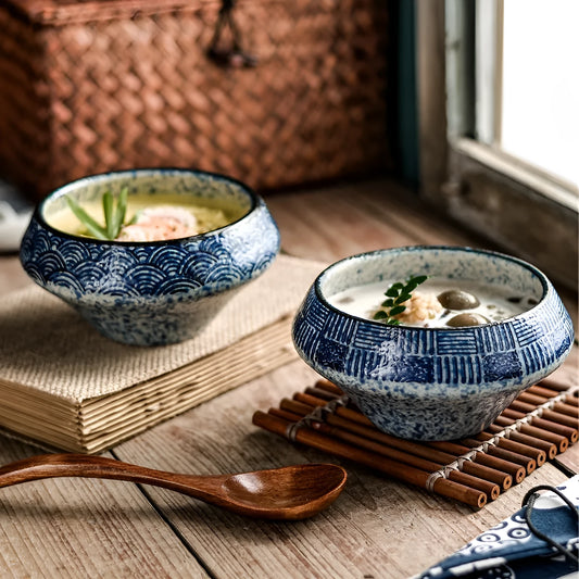 A tall porcelain soup bowl with a Japanese-inspired underglaze pattern, suitable for noodles and microwave use.