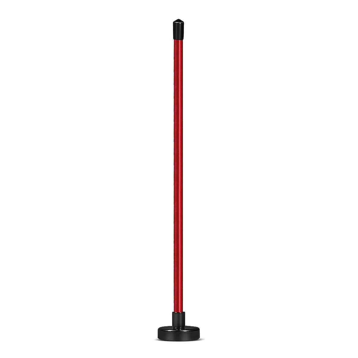 Red anodised aluminium golf swing trainer with magnetic indicator clipped onto a club shaft