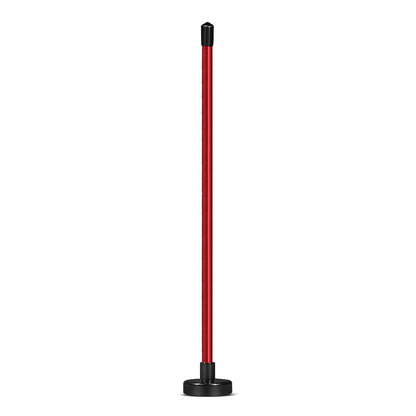 Red anodised aluminium golf swing trainer with magnetic indicator clipped onto a club shaft