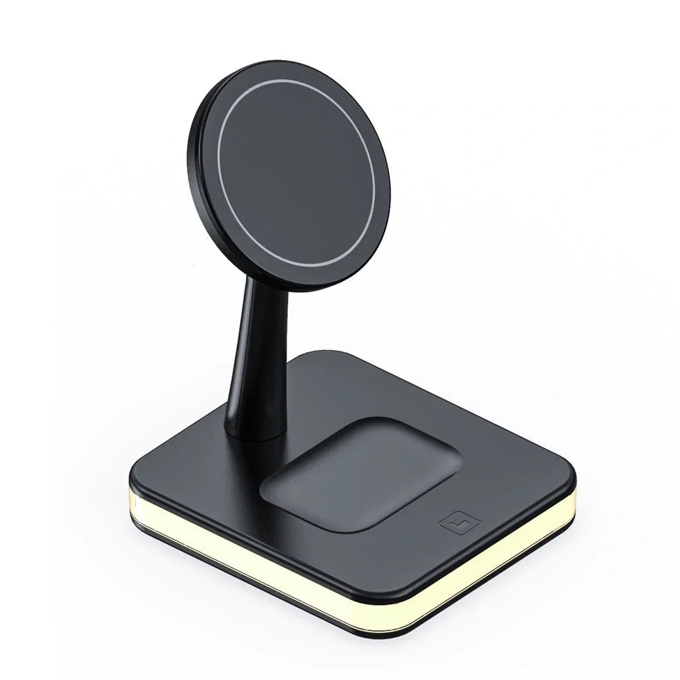 Black three-in-one wireless charger magnetic bracket on a desk charging multiple devices