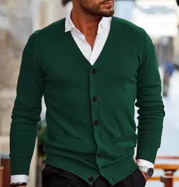 Men's slim fit acrylic cardigan sweater in autumn colours with long sleeves and front button opening