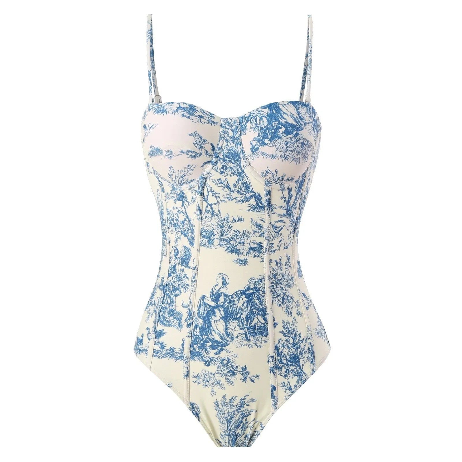 Blue patterned one-piece swimsuit for women with a skirt option.