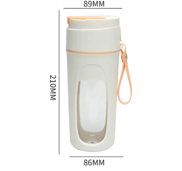 USB rechargeable portable juicer cup with glass liner in grass green, light purple, or fresh orange.