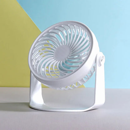 USB-powered desk fan with clip attachment, three blades, and mechanical speed control, measuring 19cm wide
