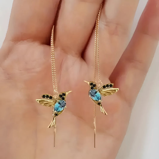 Long bird hanging personalised earrings with mixed zirconium wings in red, blue and red lvzuan colours