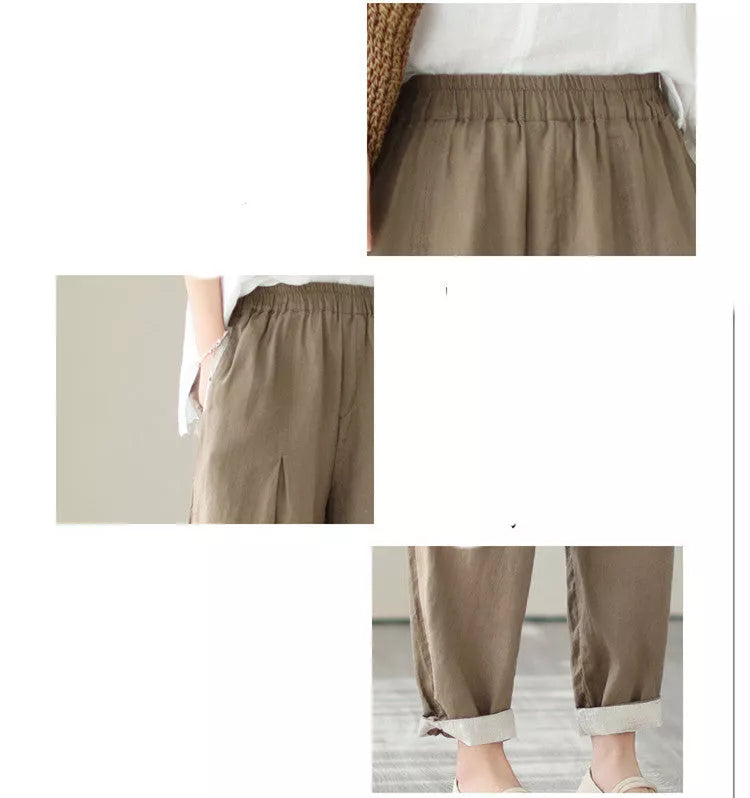 Loose large size slimming high waist pants in black, brown, and linen colors