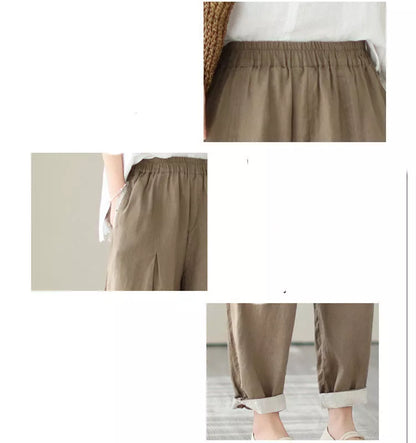 Loose large size slimming high waist pants in black, brown, and linen colors