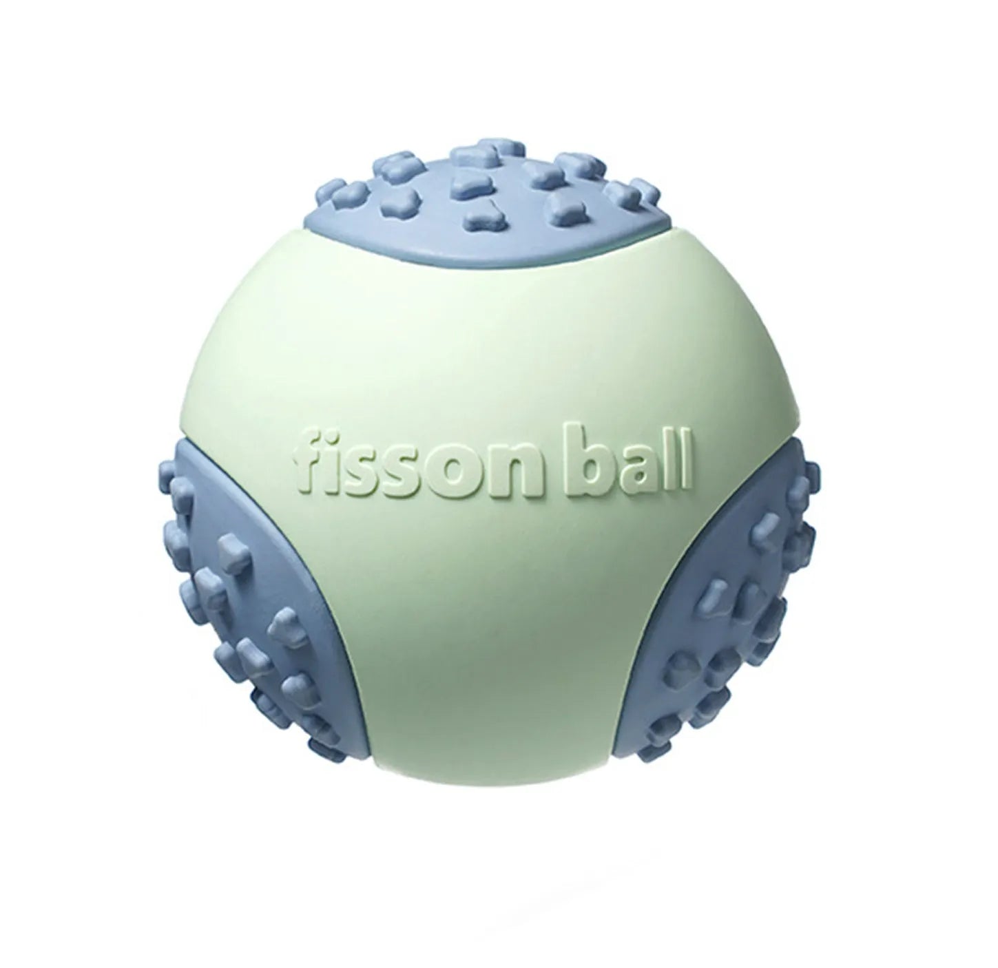 Green rolling ball dog toy with 64mm diameter for small to medium breeds on floor