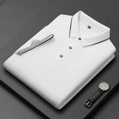 A man's mulberry silk short-sleeved T-shirt in a regular fit, shown in a light colour, highlighting its thin fabric.