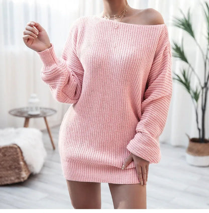 Women's off-shoulder knitted dress with lantern sleeves in soft acrylic fabric in wine red colour