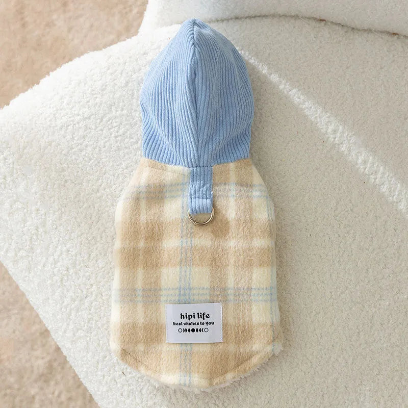 Blue corduroy dog hoodie with chessboard grid pattern and a hood.
