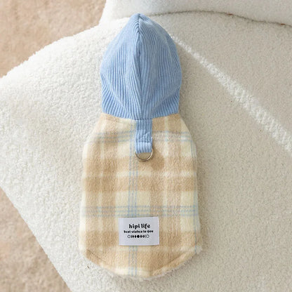 Blue corduroy dog hoodie with chessboard grid pattern and a hood.