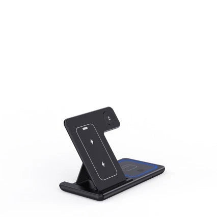 3-in-1 wireless charging station for smartphones, smartwatches, and earbuds with dual charging coils and safety features