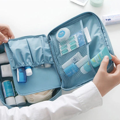 Stylish portable makeup bag with waterproof divider, multi-compartment storage, and variety of color options