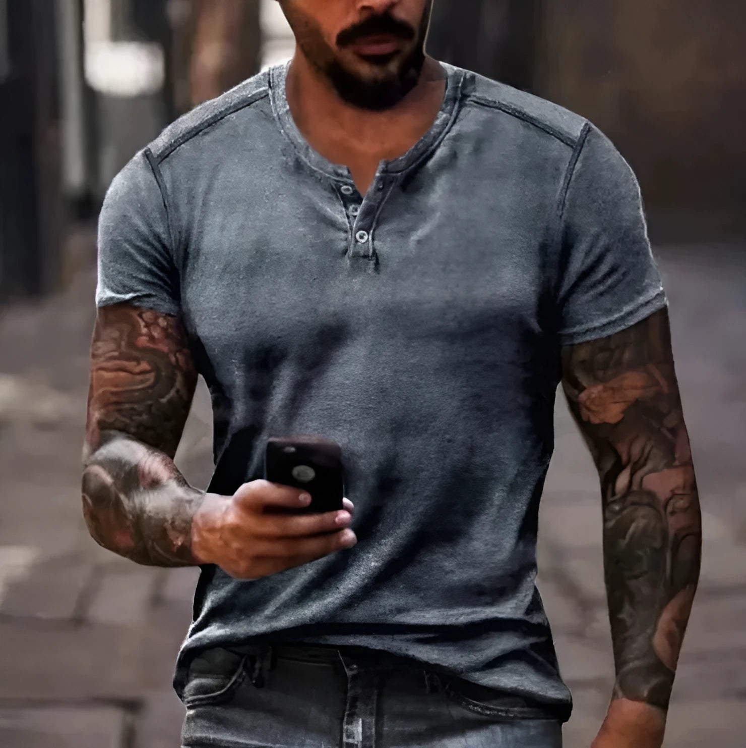 Men's grey 3D print pattern short sleeve polo shirt with lapel collar on a mannequin.
