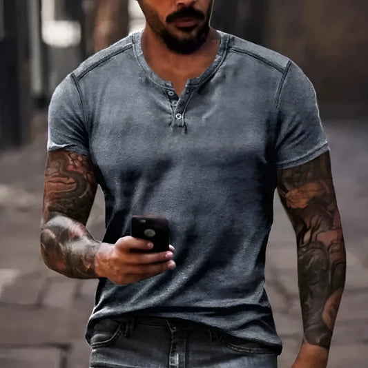 Men's grey 3D print pattern short sleeve polo shirt with lapel collar on a mannequin.
