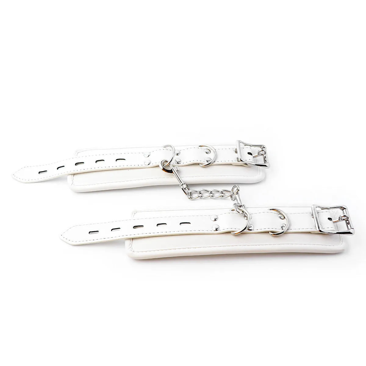 White PU sponge bondage set showing handcuffs, footcuffs and neck cuff for comfortable restraint