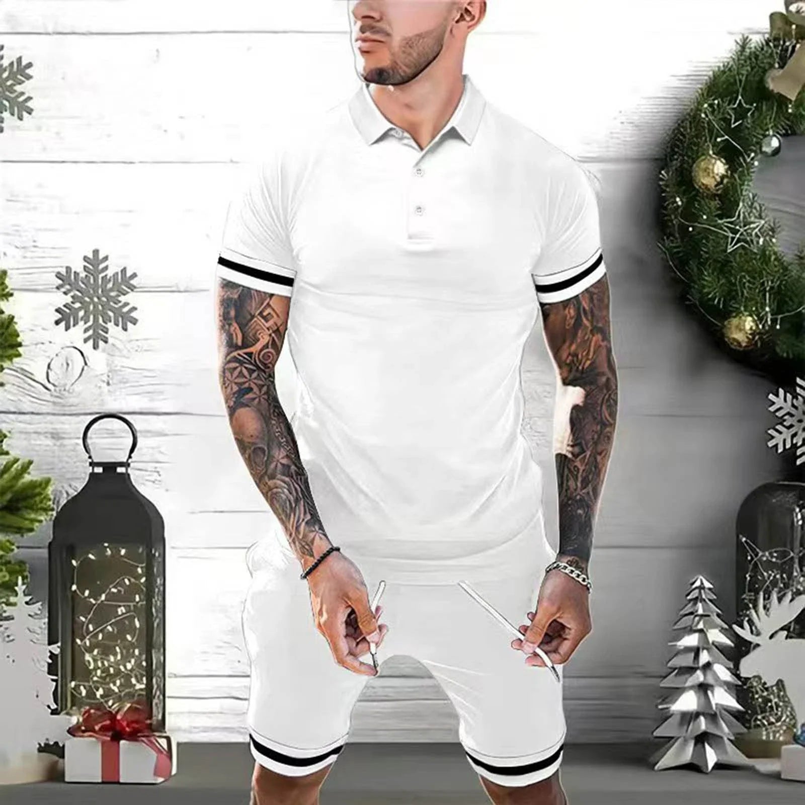 Men's two-piece casual outfit featuring a polo shirt and athletic shorts in various colors and sizes