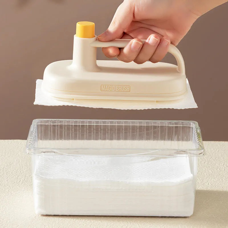 Disposable magic cleaning brush with plastic handle, storage box, and 50 white non-woven rag refills.