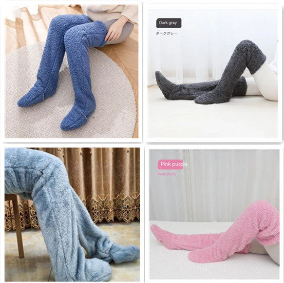 Cozy over-the-knee fuzzy socks in various colors, including brown, blue, dark gray, pink, silver, and more. Comfortable cotton design for warm, snug legs.