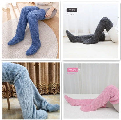 Cozy over-the-knee fuzzy socks in various colors, including brown, blue, dark gray, pink, silver, and more. Comfortable cotton design for warm, snug legs.