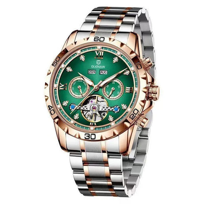 Men's automatic mechanical watch with stainless steel strap and mineral glass face in business style