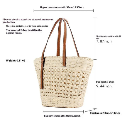 Beige woven paper-string shoulder bag with horizontal square shape and adjustable strap