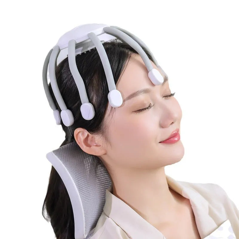 USB-powered handheld head massager with multiple flexible claws in black colour.