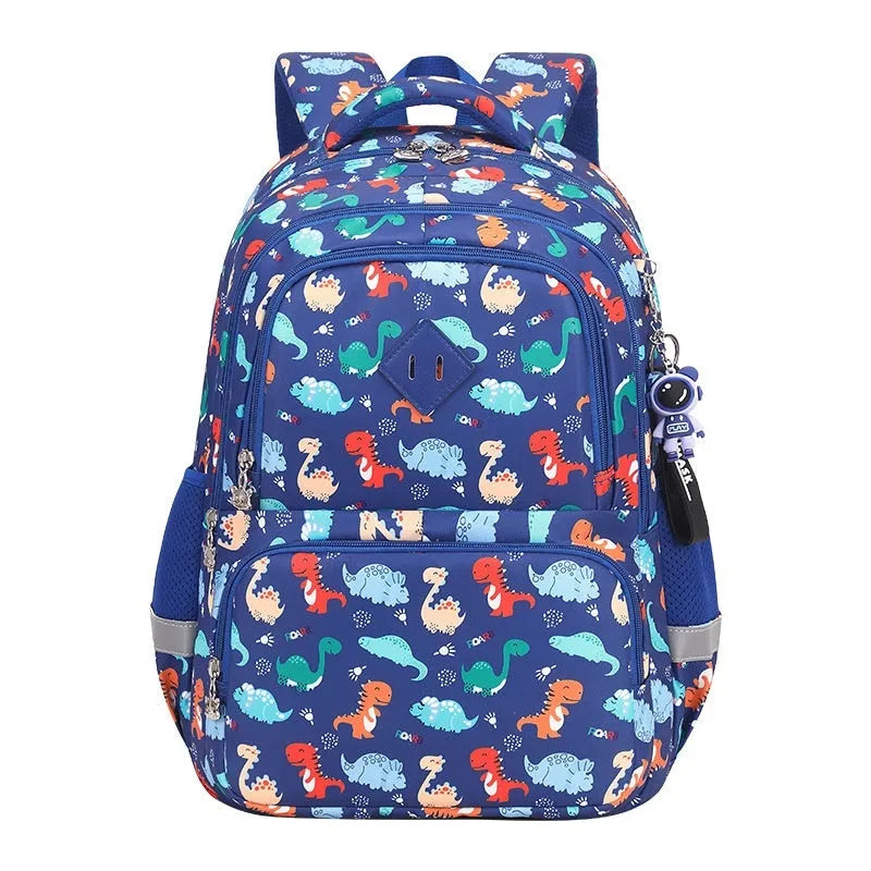 Blue dinosaur pattern children's school backpack with curved straps and waterproof Oxford cloth.