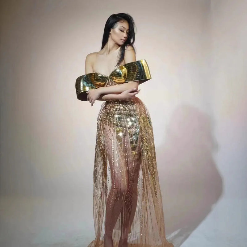 Gold strapless sequined tulle dress women's evening gown with thigh-high split and floor-length skirt available in sizes S M L XL with adjustable fit for formal occasions and party wear.