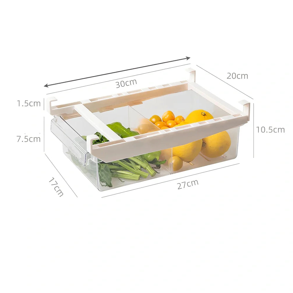 Transparent adjustable fridge egg storage rack with pull-out drawer holding 21 eggs, stackable for kitchen organisation